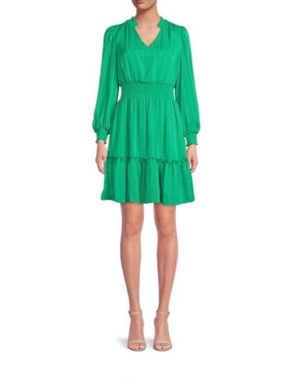 Nanette Lepore Emerald Green Long-Sleeve Smocked Waist Mini Dress